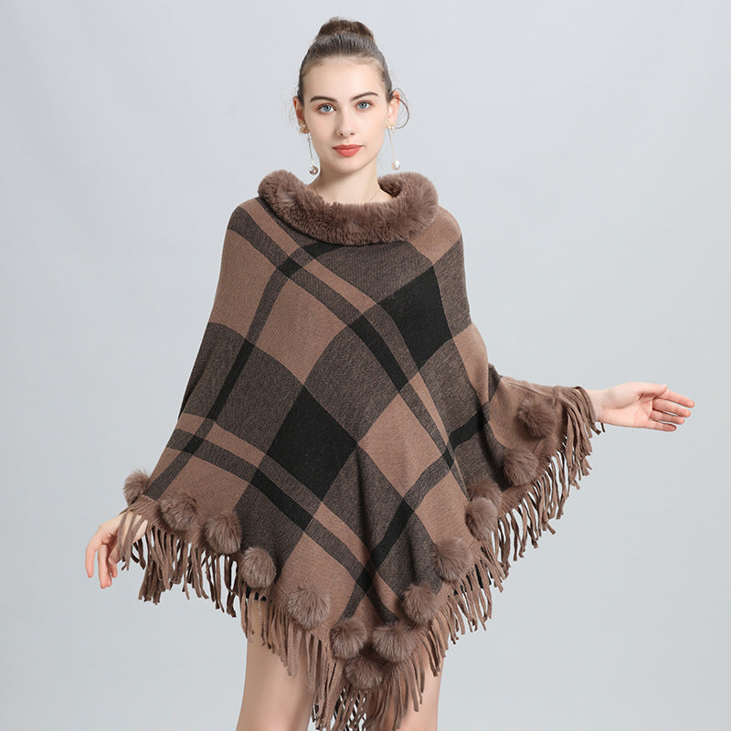 European and American autumn and winter new imitation fur collar round neck plaid hairball pullover knitted sweater cape shawl jacket women 0972 #