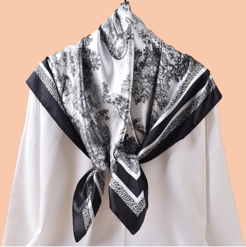 2025 spring and summer ink painting printing versatile decorative scarf headscarf silk scarf 90 high-quality satin square scarf