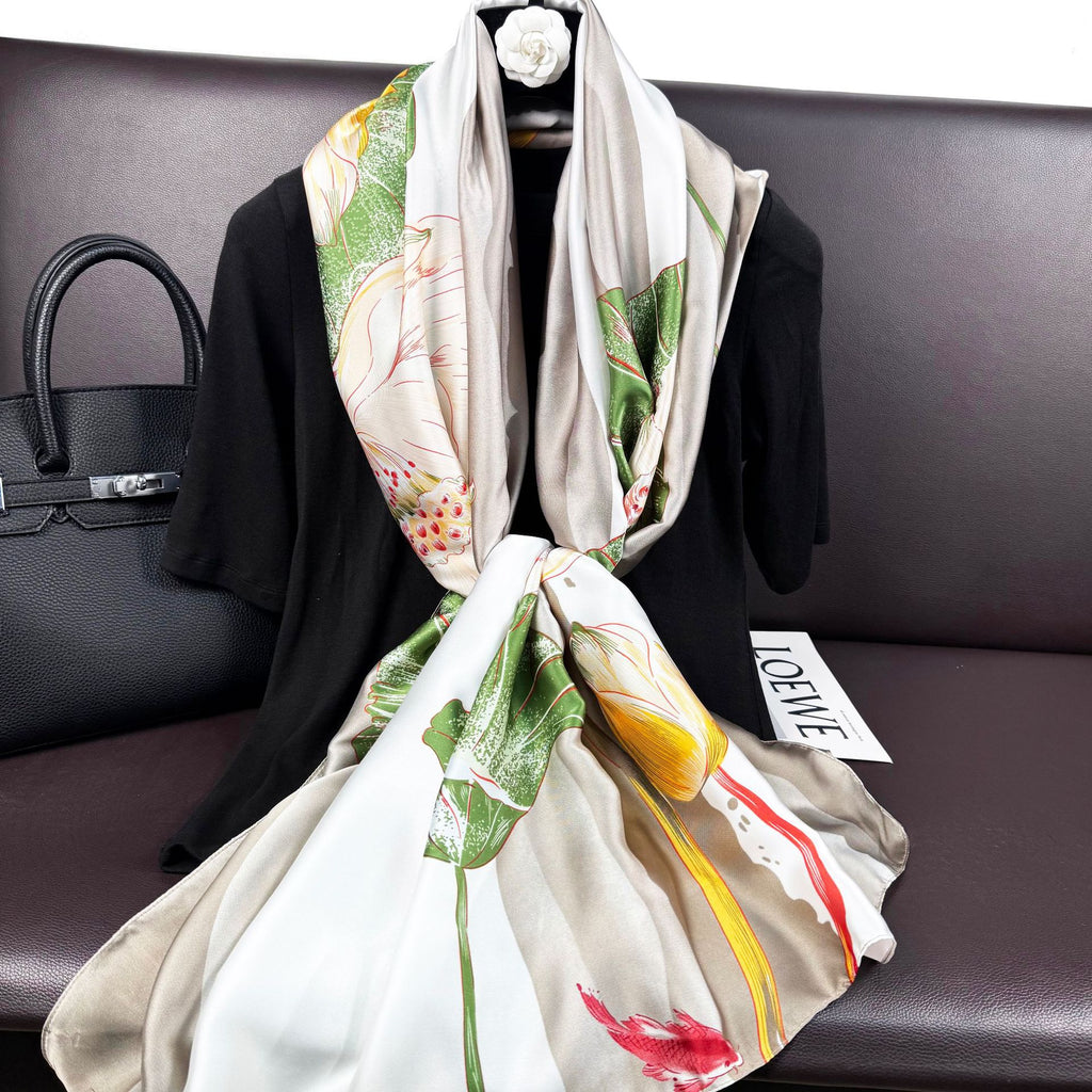 Korean version of temperament women travel and vacation with shawls, literary and ethnic style lotus flower print long silk scarf, souvenir