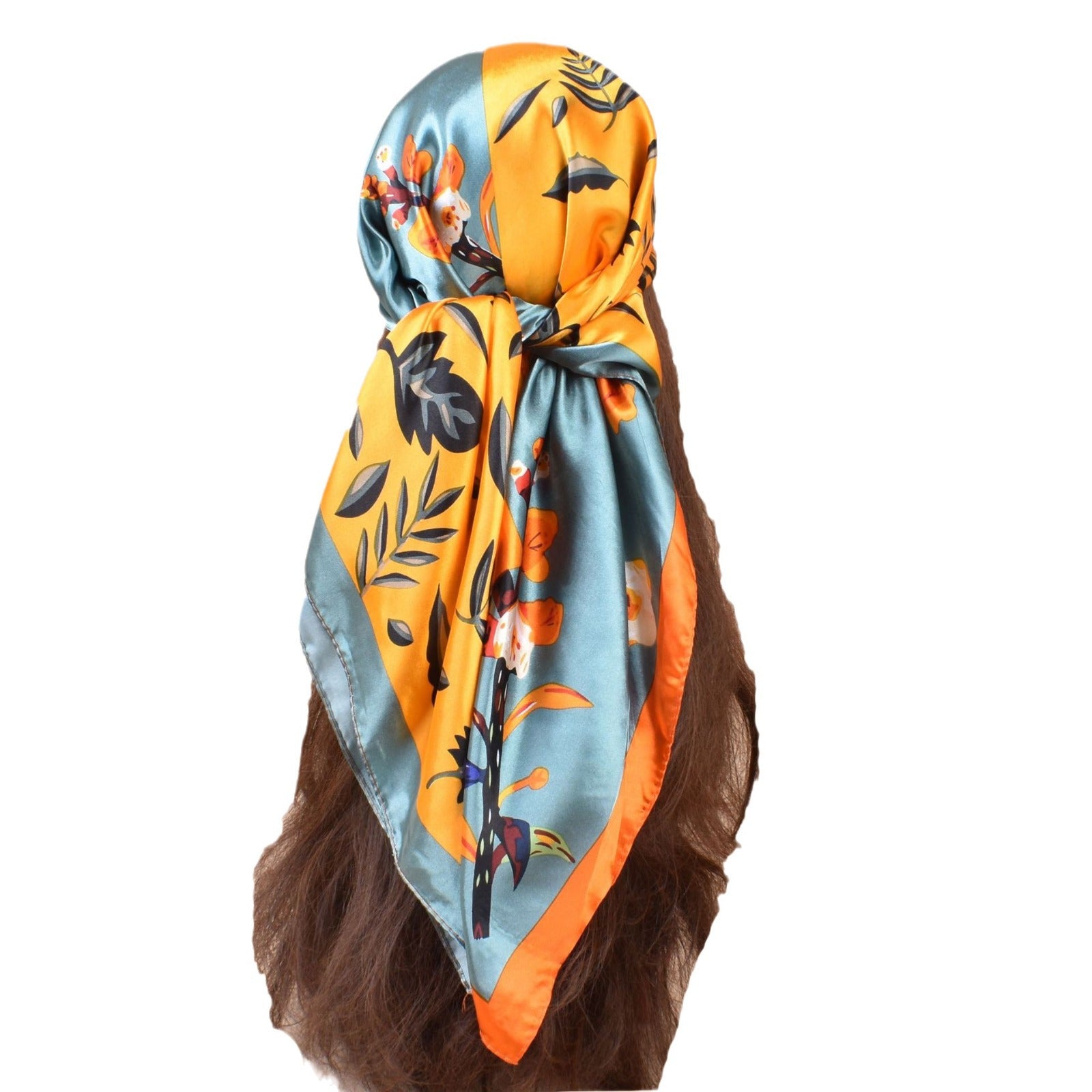 New 90cm * 90cm satin, leaf printed large square scarf with sunscreen, bag head silk scarf decoration, scarf