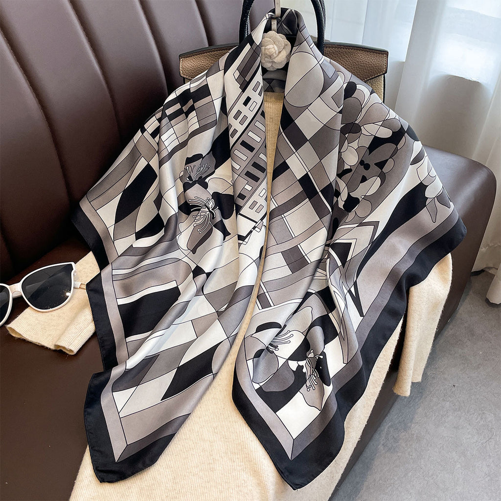 New geometric flower 90 twill large square scarf fashion printing imitation silk windproof shawl headscarf women