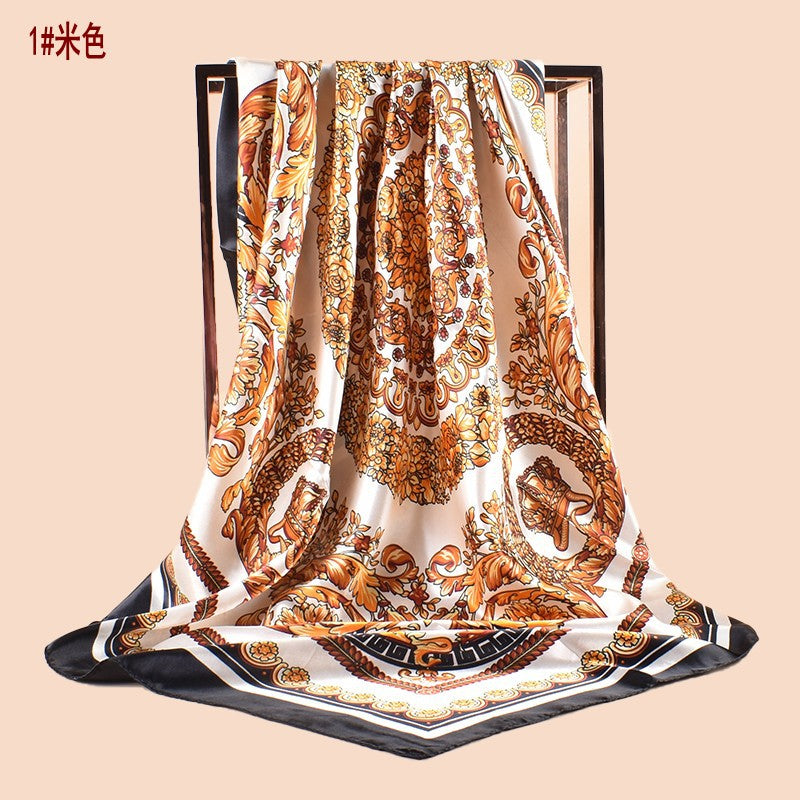 Spring new fashionable versatile large shawl imitation silk retro totem printed silk scarf head scarf 90 satin square scarf