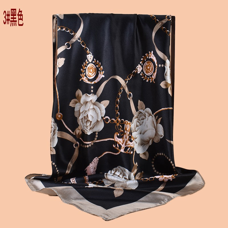 2025 new 90-color beautiful chain flower printing square scarf with sunscreen, bag head silk scarf decoration, scarf