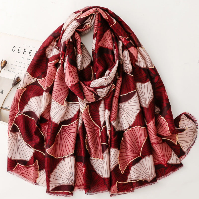 Cotton and linen feel scarf soft silk scarf bronzing golden autumn ginkgo biloba print shawl