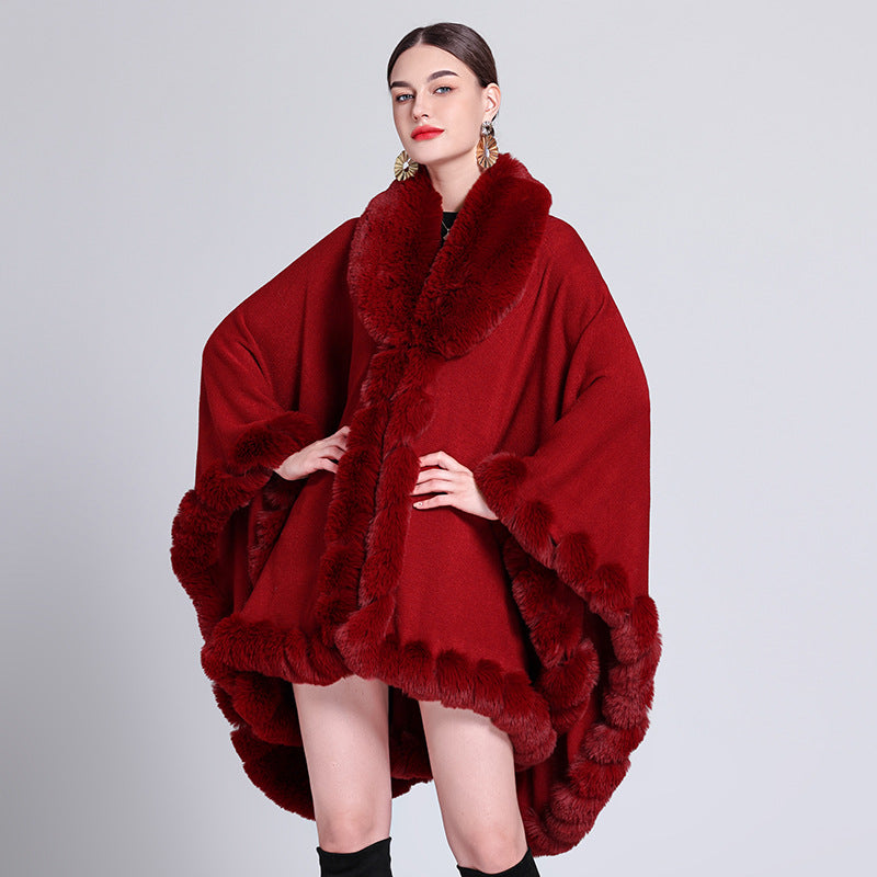 European and American new cape large size coat women's shawl loose imitation fur collar knitted cardigan shawl cape 1561 #