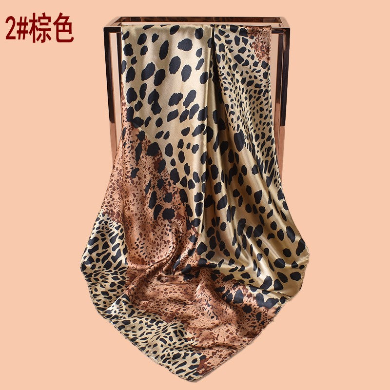 New 90cm-satin color matching size leopard print printed square scarf with sunscreen, bag head silk scarf decoration, scarf