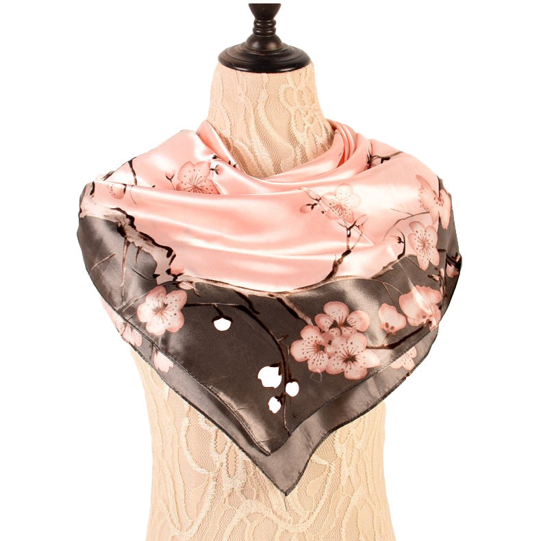 New sweet and fashionable plum blossom flower satin 90cm large square scarf women's silk scarf scarf