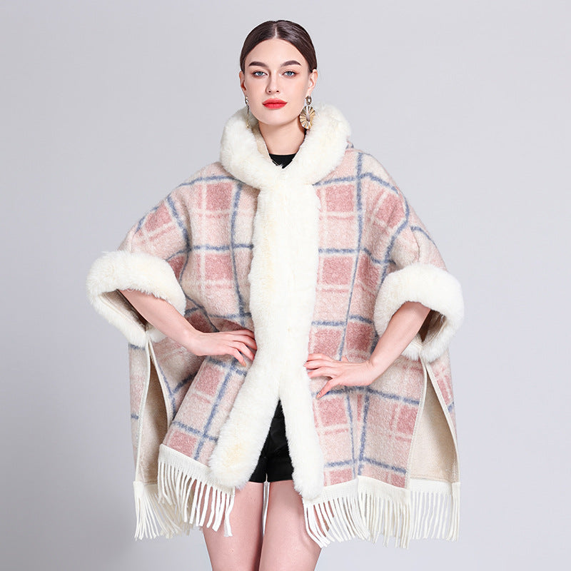 Europe, America, autumn and winter new woolen coat fur collar hooded plush thickened warm fashion fringed cape shawl outside
