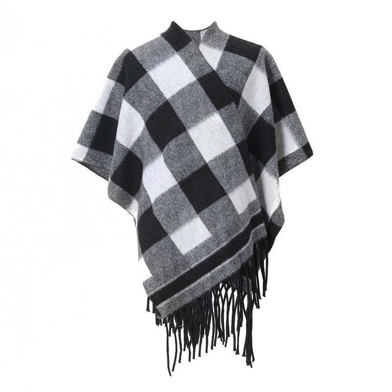 European, American spring, autumn and winter women's jacquard double-sided fringed shawl