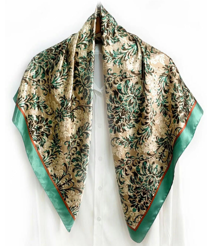 Simple and elegant plant flower flower, satin 90 square scarf, high-end women's headscarf with hand gift silk scarf