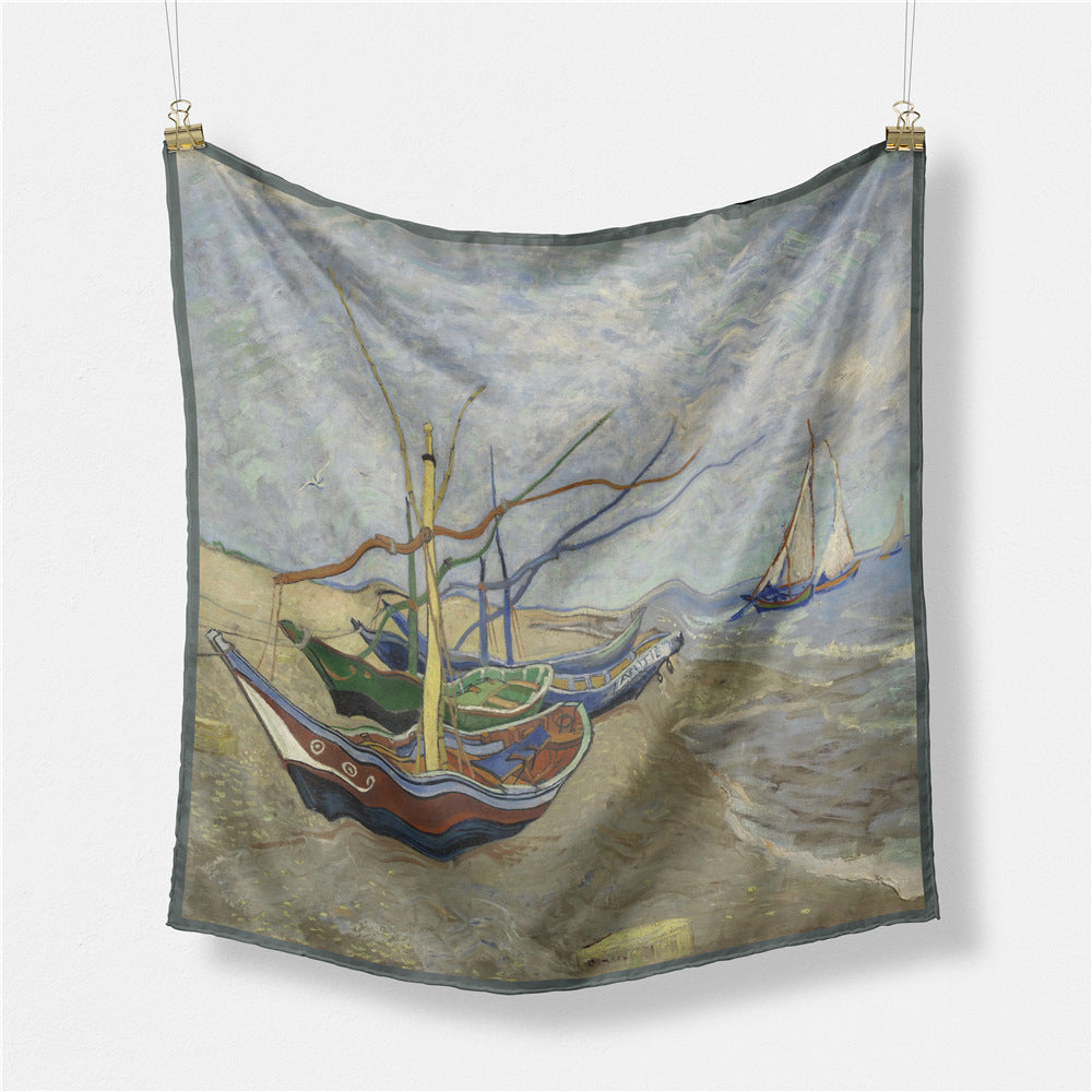 Fashion Van Gogh art oil painting 53cm small square scarf, twill silk imitation silk women's scarf, headband