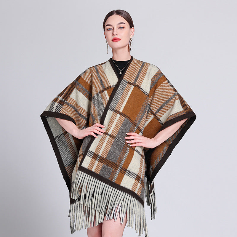 Autumn and winter Internet celebrities new plaid shawl with temperament fringed shawl cape cape retro scarf coat women