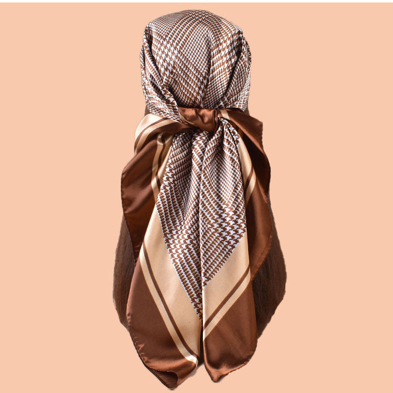 New 90-satin geometric grid thousand bird grid printed square scarf with sunscreen, bag head silk scarf decoration, scarf