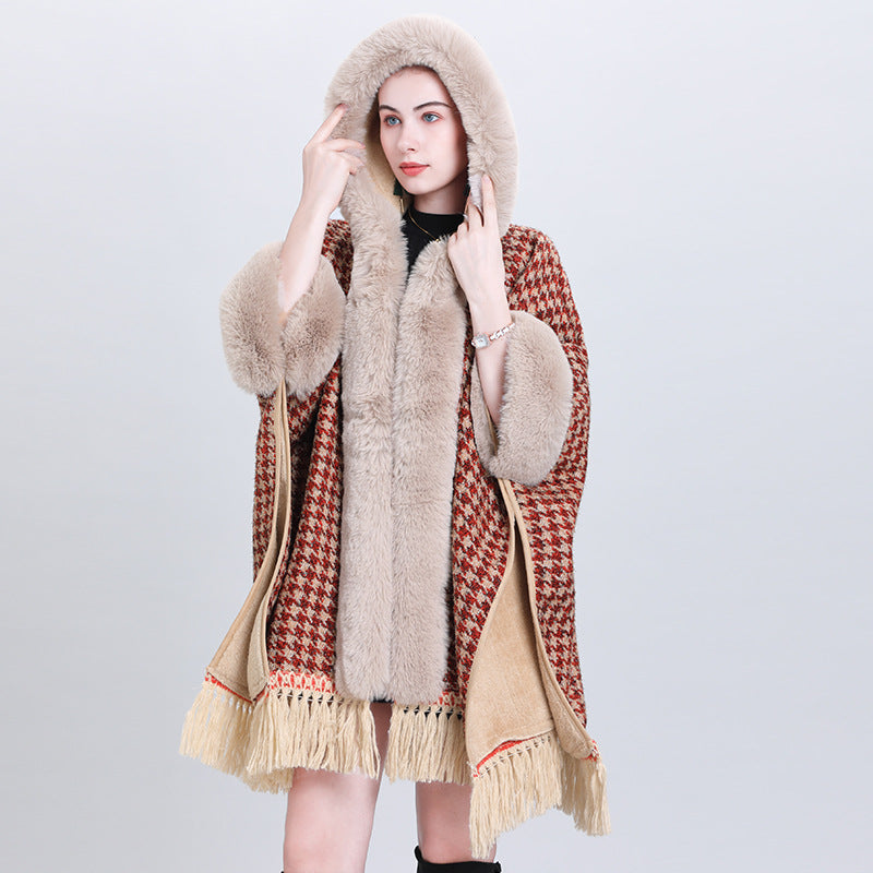 Autumn and winter new cape shawl loose fleece thickened fur collar hooded fringed cardigan shawl cape jacket 1186
