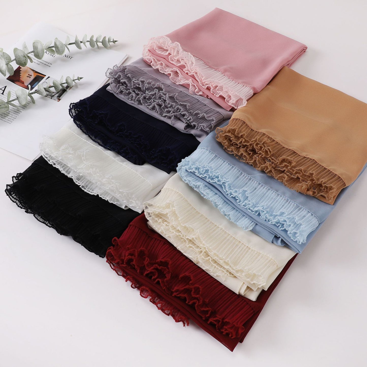 wrinkled lace pearl chiffon headscarf shawls comfortable solid color hijab