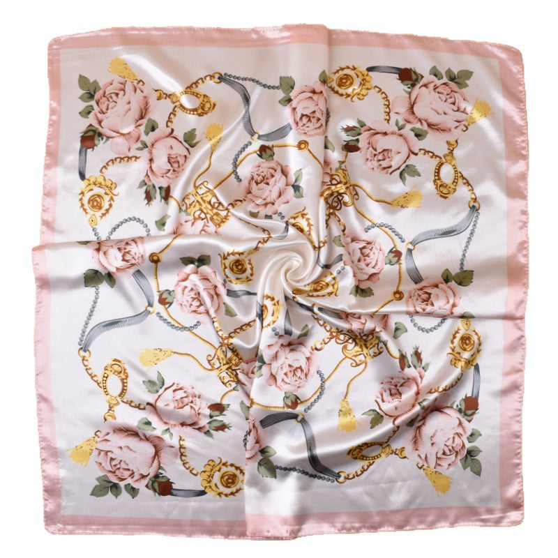 2025 new 90-color beautiful chain flower printing square scarf with sunscreen, bag head silk scarf decoration, scarf