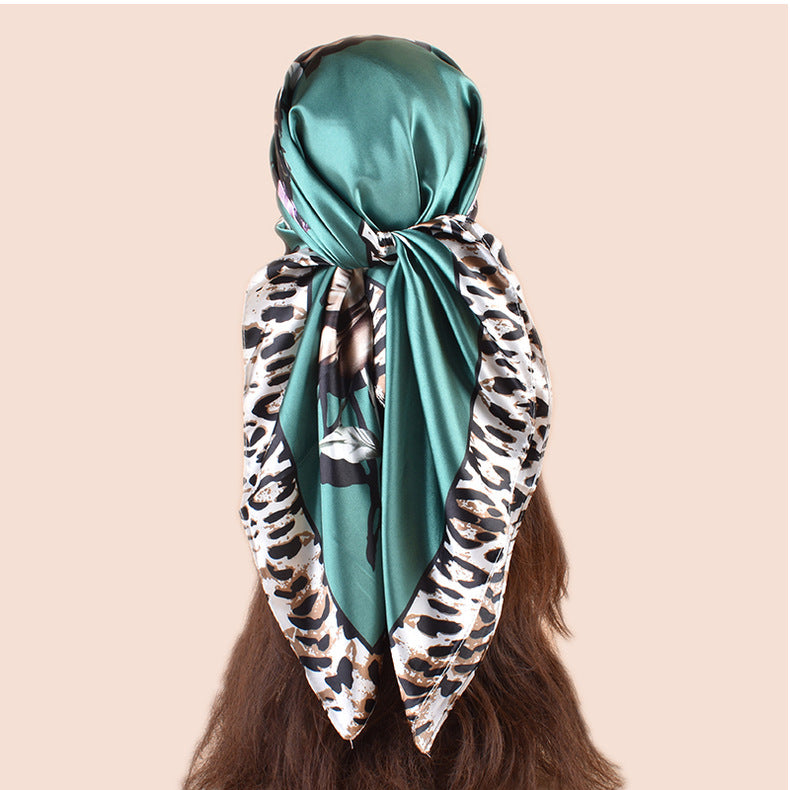 Spring new large shawl simulation silk leopard print rose printing silk scarf head scarf 90-color large square scarf