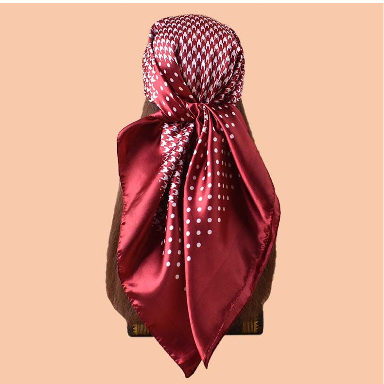 2025 new 90-satin polka dot thousand bird grid printed square scarf with sunscreen, bag head silk scarf decoration, scarf