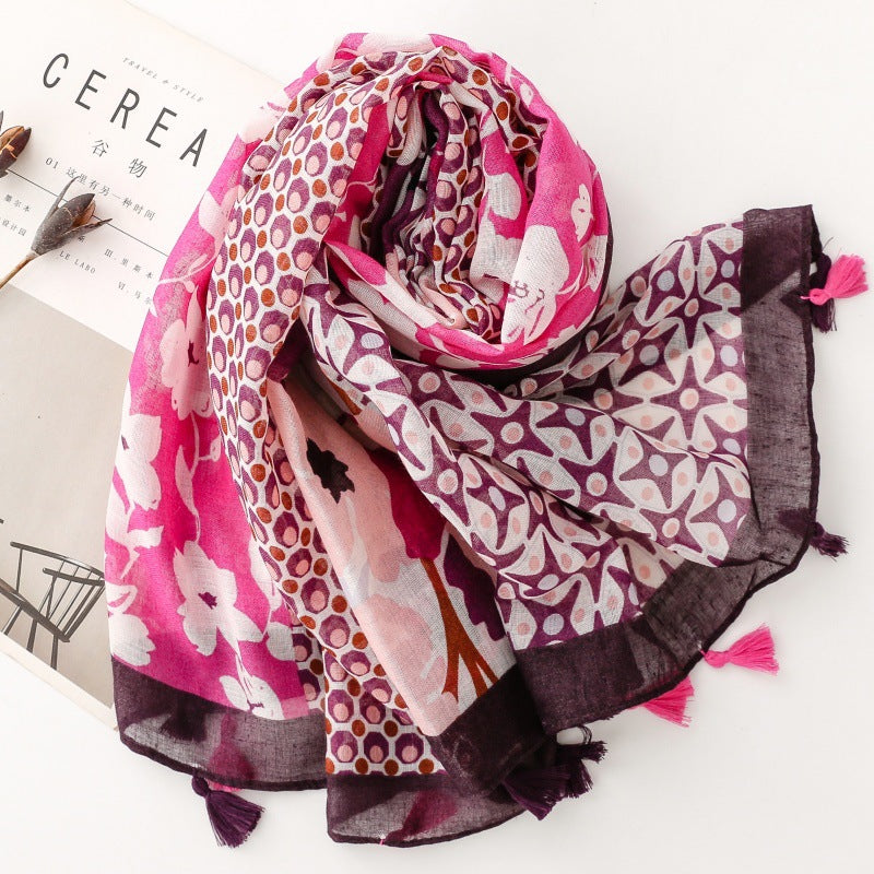 Bohemian ethnic style cotton and linen feel scarf color matching flower travel sunscreen silk scarf seaside vacation shawl women