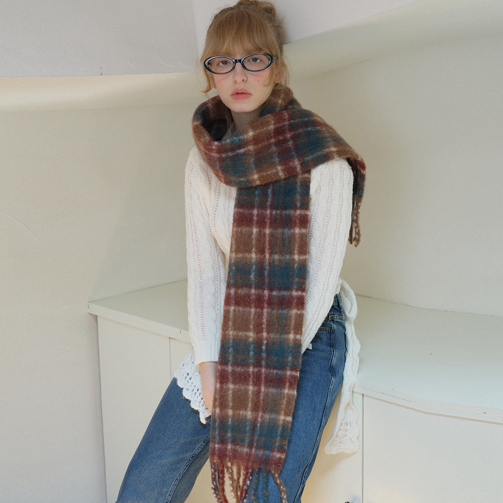 6% mohair 40% wool retro plaid scarf women's winter millennium retro soft vibe scarf