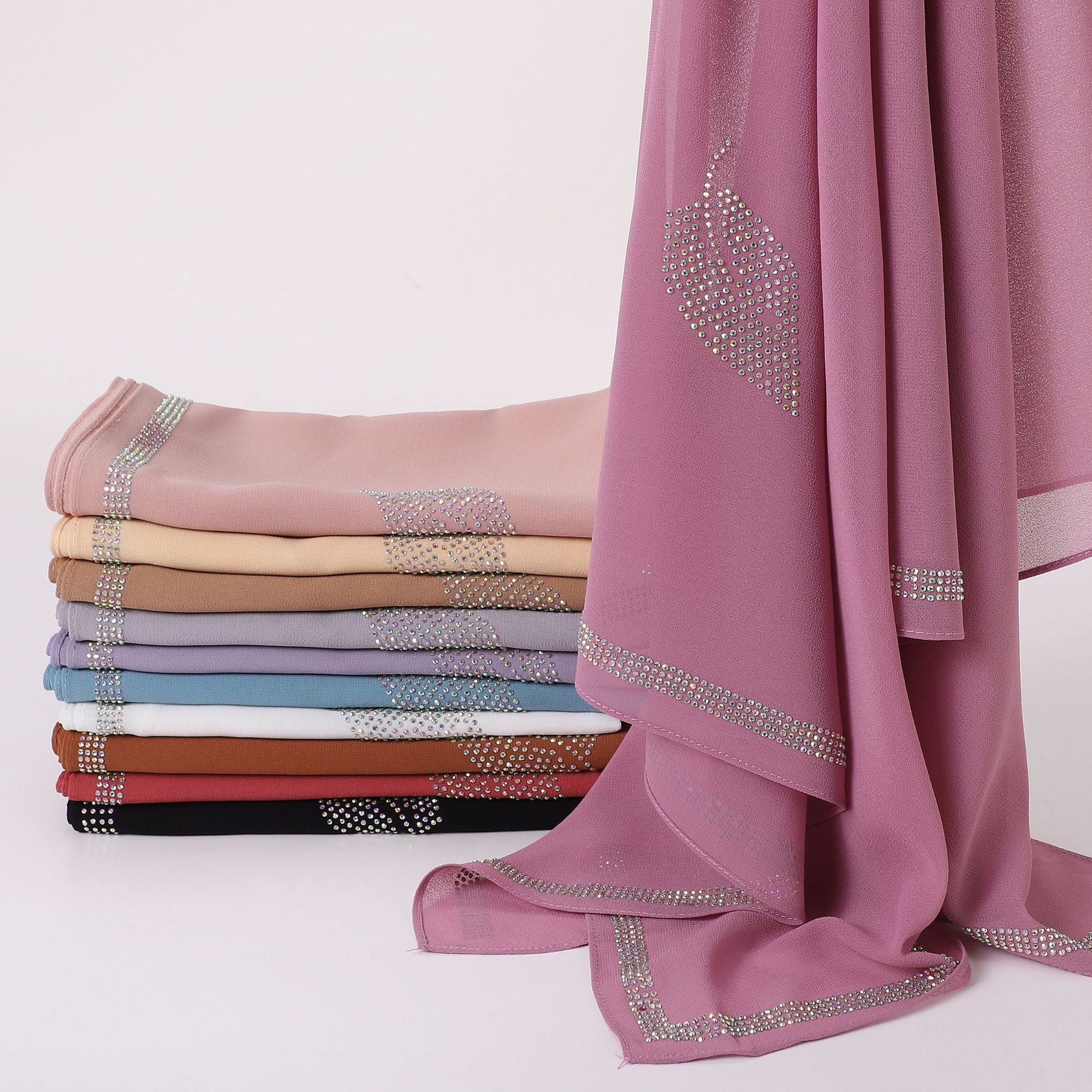 New Pearl Chiffon High Quality Middle East Hot Diamond Square Scarf 90 × 90cm Headscarf