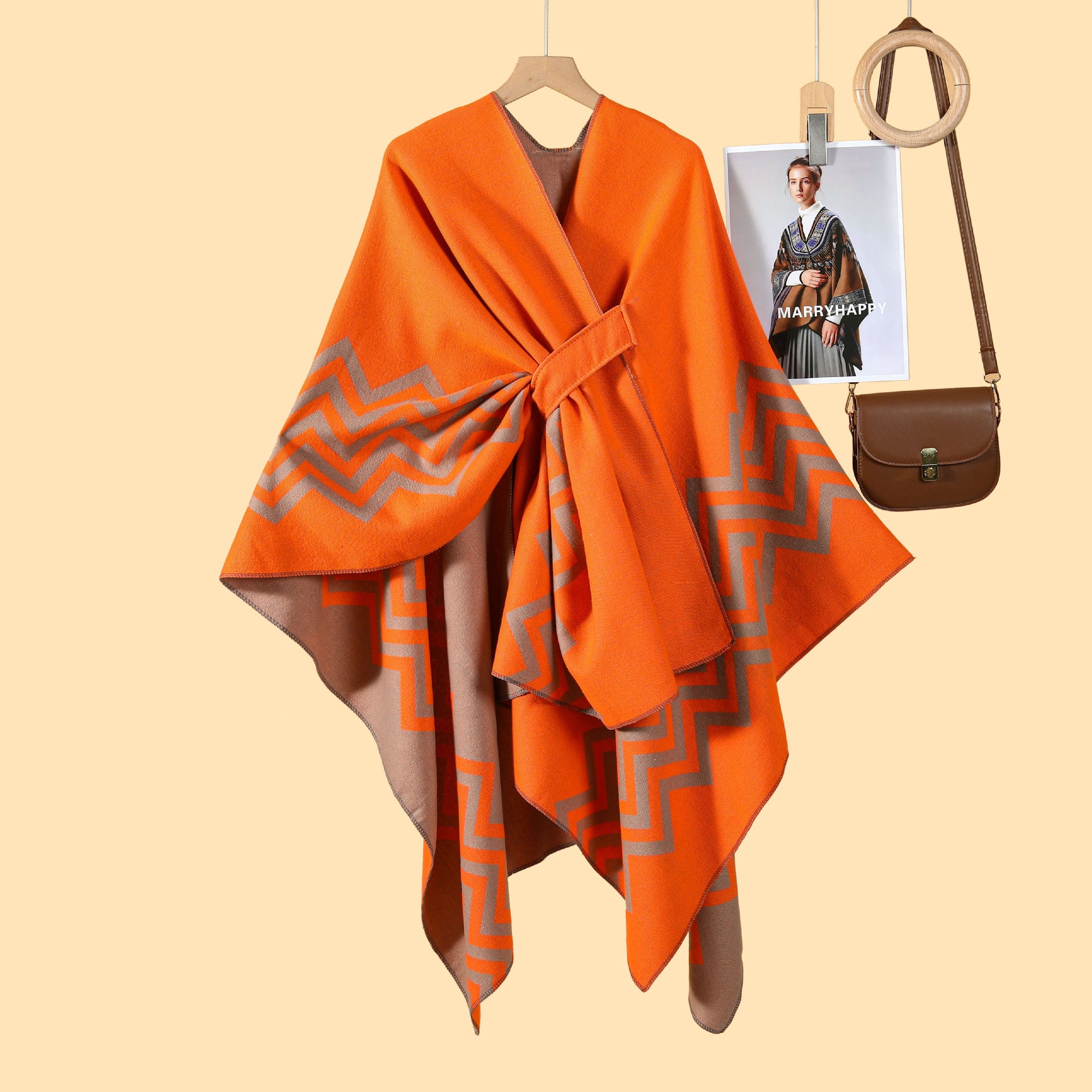 New Women's Wave Pattern Split Shawl Cardigan Multifunctional Autumn and Winter Straps Cloak Shawl New