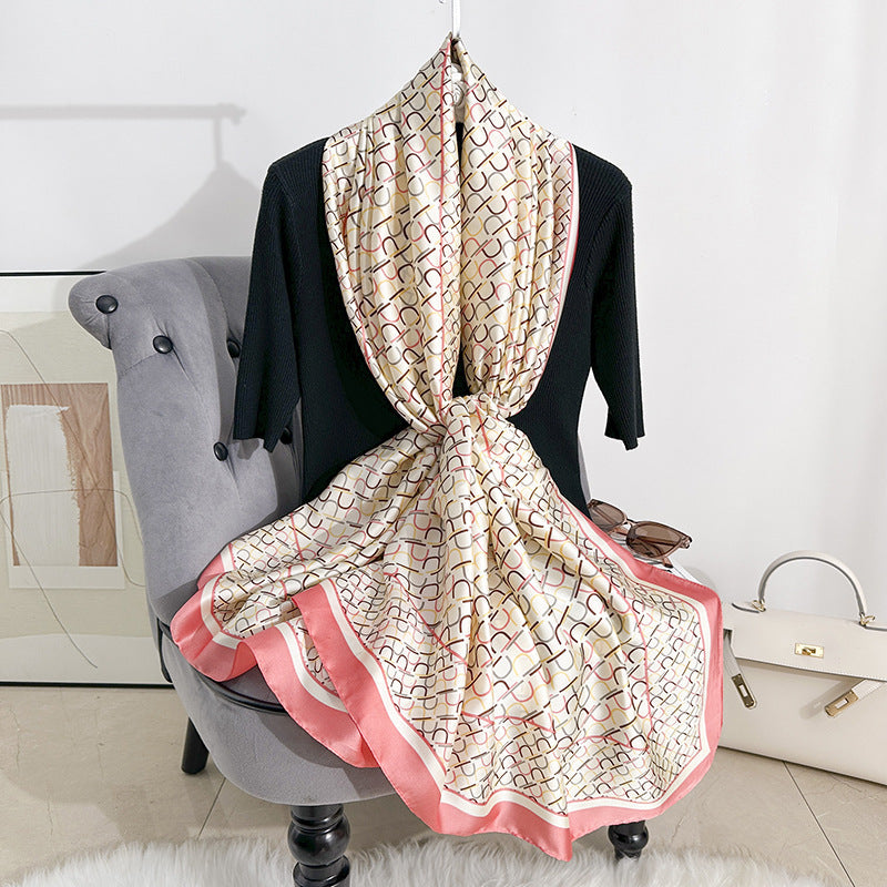 Simple, fashionable and versatile, colorful geometric lines, long silk scarves, travel and vacation sunscreen, thin shawl scarves.