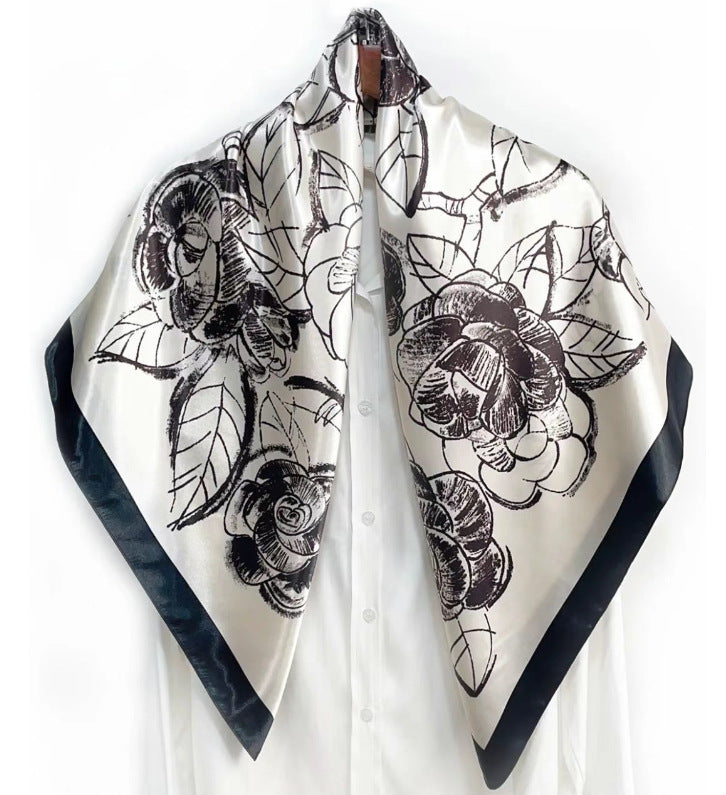 Simple and elegant plant flower flower, satin 90 square scarf, high-end women's headscarf with hand gift silk scarf