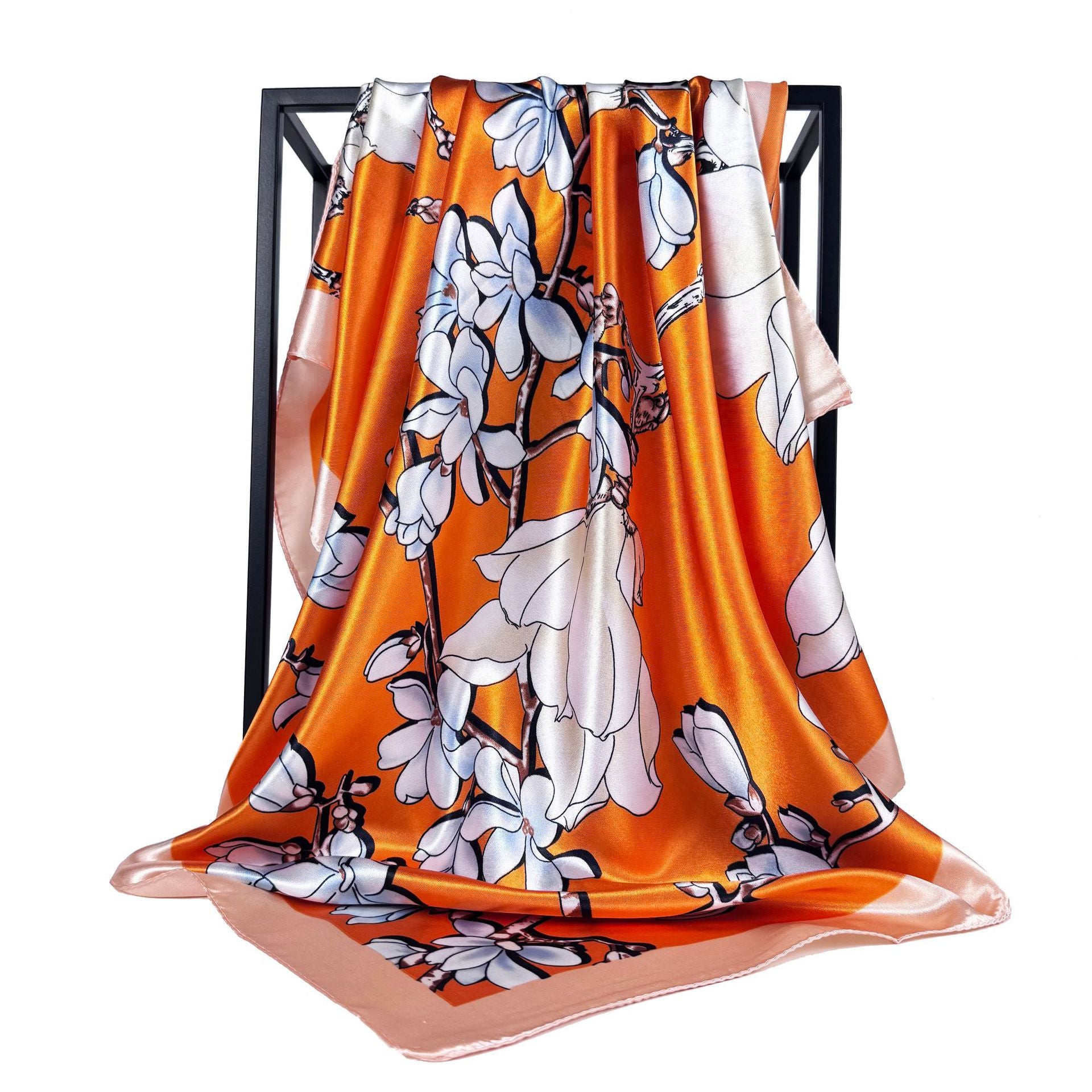 Elegant temperament women's decorative scarf, imitation silk satin plant flower flower printed silk scarf, bag head square scarf