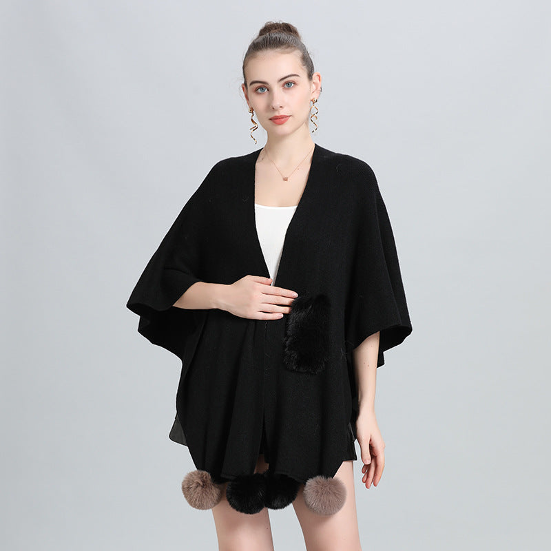 Europe, America autumn and winter new hairball knitted cardigan multi-purpose shawl top women's large size coat 0971