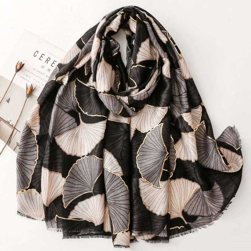 Cotton and linen feel scarf soft silk scarf bronzing golden autumn ginkgo biloba print shawl