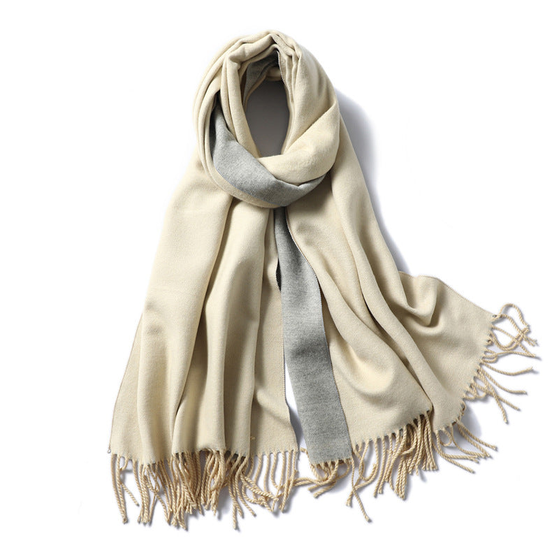 Simple solid color imitation cashmere scarf men's and women's winter thickened warm double-sided two-color versatile fringed shawl core-spun yarn