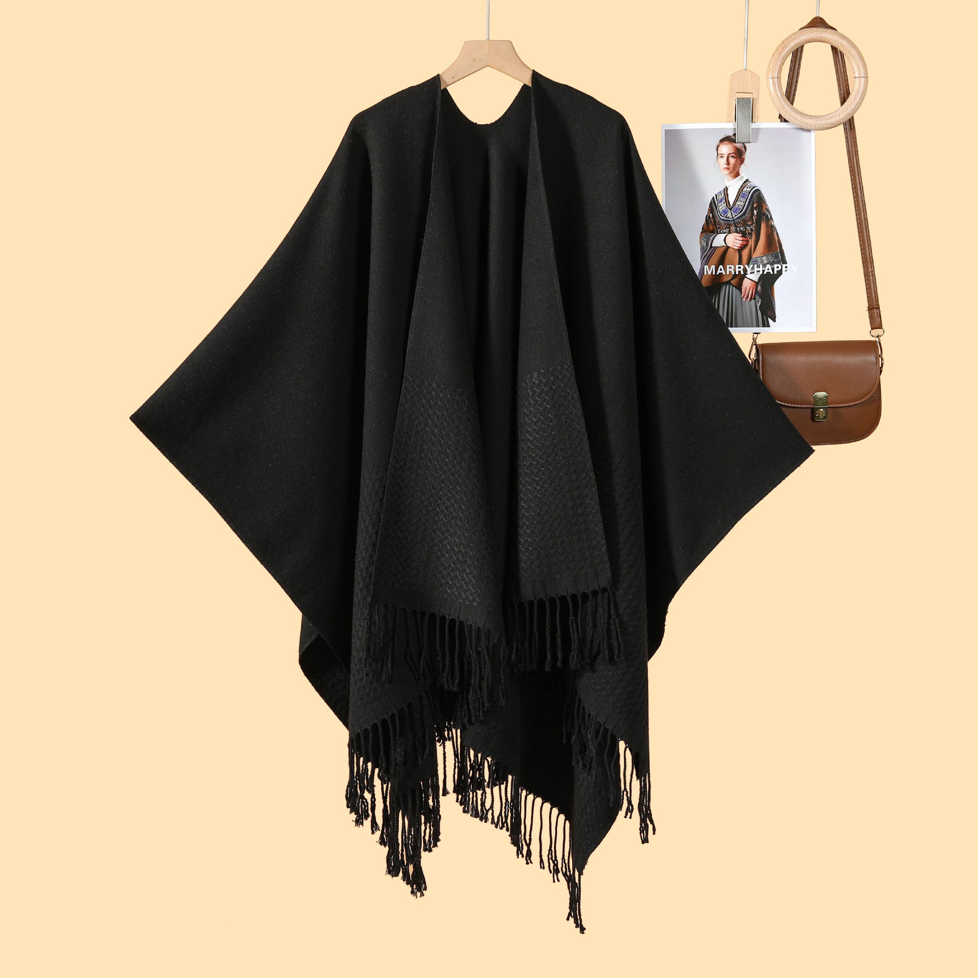 New monochrome fringed split shawl double-sided three-dimensional wave jacquard warm imitation cashmere scarf cape cardigan women