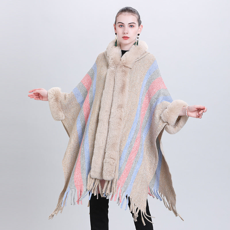 European and Korean autumn and winter new cape shawl, colorful striped fur collar hooded fringed knitted cardigan shawl cape 0983 #