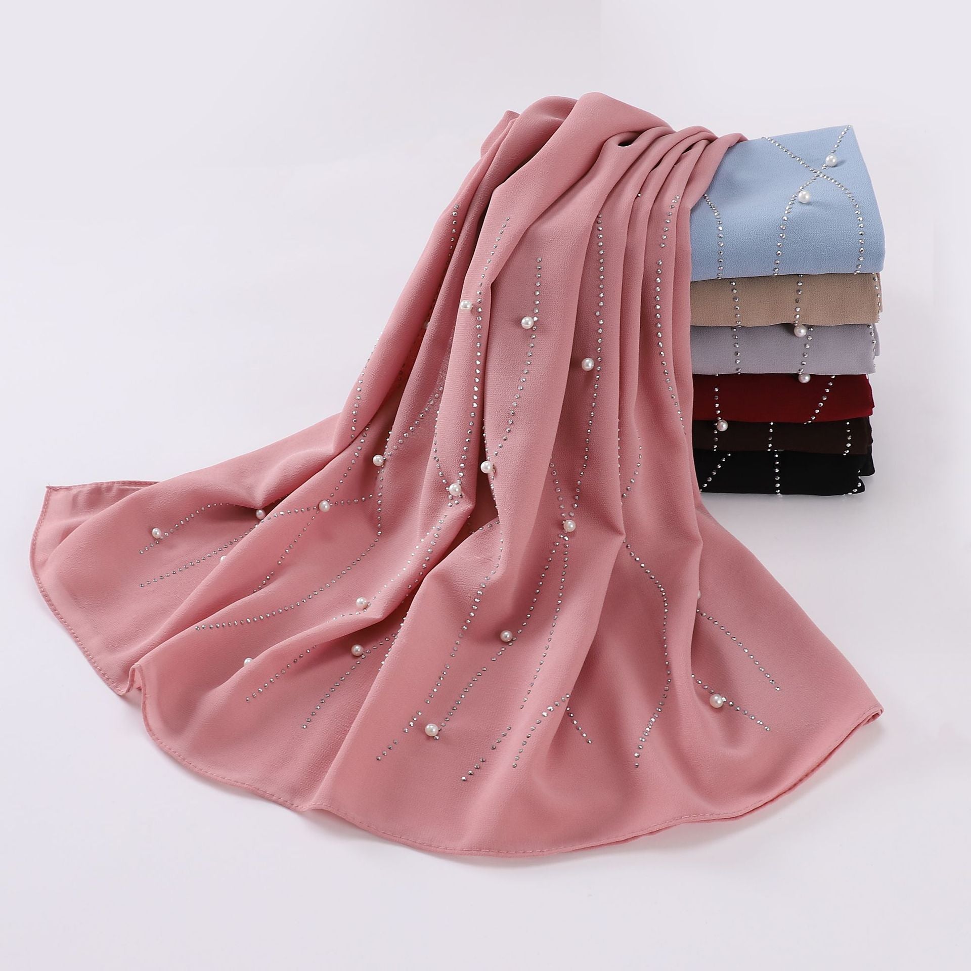 New 75D pearl chiffon long scarf single head hot diamond bead scarf gauze Middle East and Africa headscarf hijab