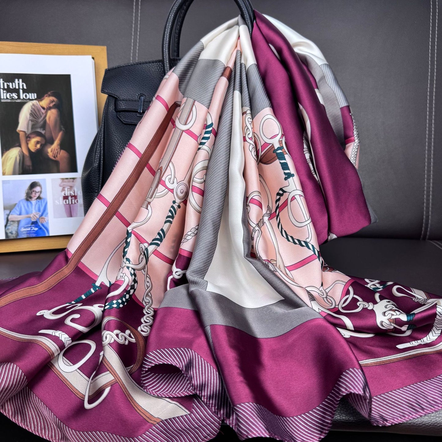 European and American fashion belt chain printed beautiful brocade long silk scarf, Korean version geometric color matching temperament women's vacation shawl