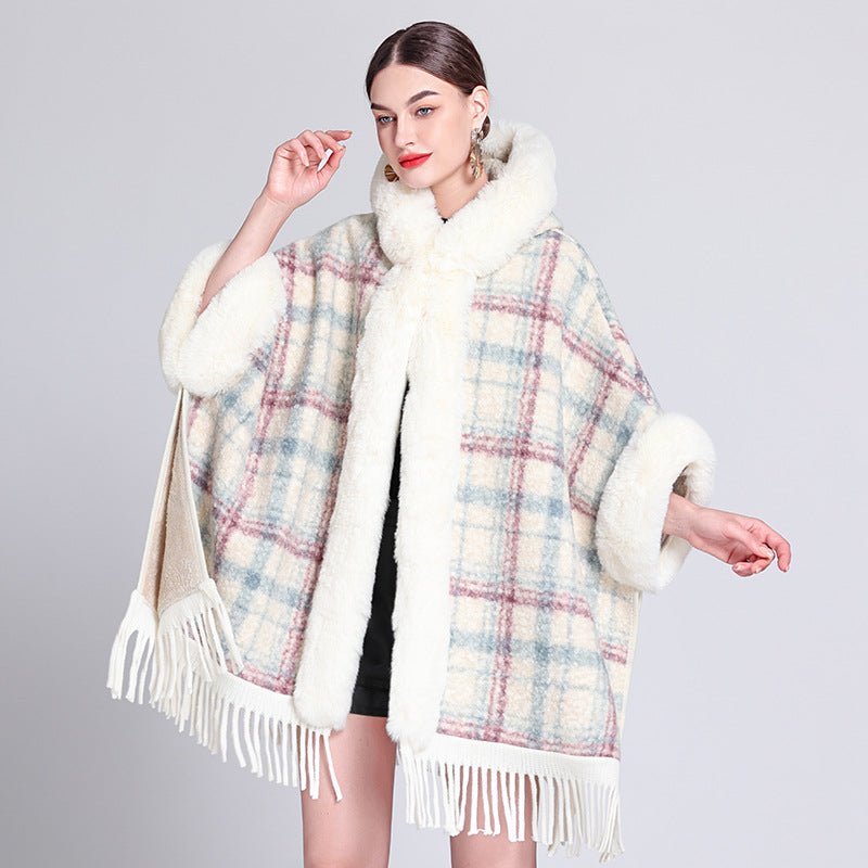 Europe, America, autumn and winter new woolen coat fur collar hooded plush thickened warm fashion fringed cape shawl outside
