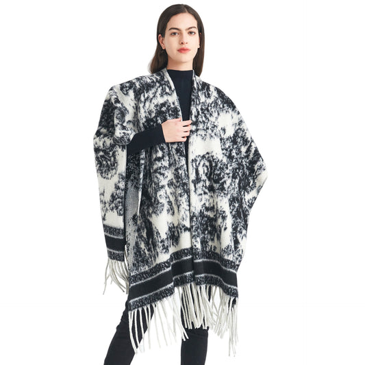 European, American spring, autumn and winter women's jacquard double-sided fringed shawl