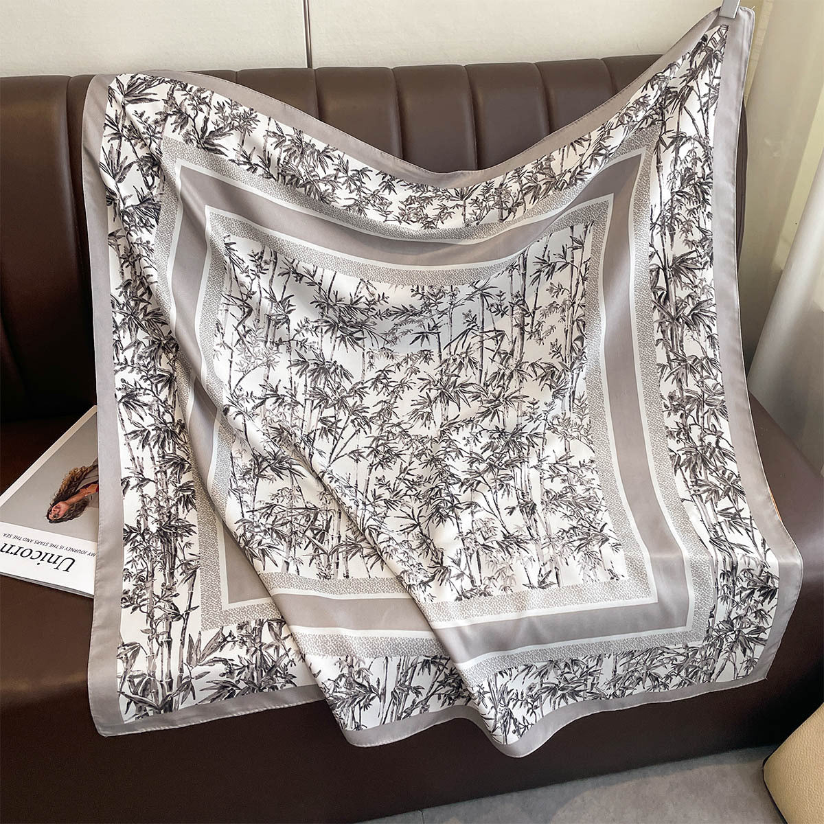 Autumn new classic bamboo leaf 90 printed large square scarf women's imitation silk high-end fashion shawl scarf
