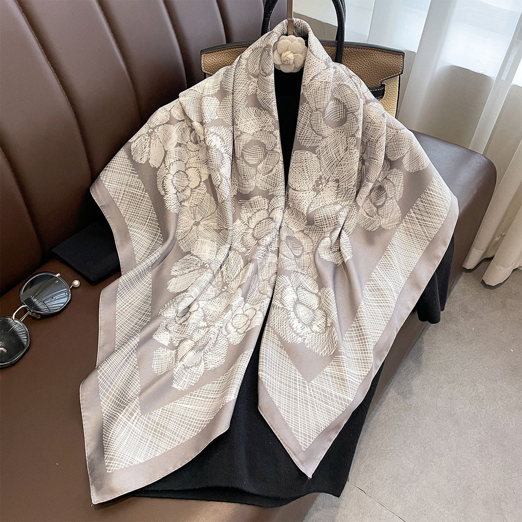 Spring and Autumn Thin Plant Flower Printing Neck Protection Scarf Women's 90 Twill Square Scarf Premium Foreign Shawl