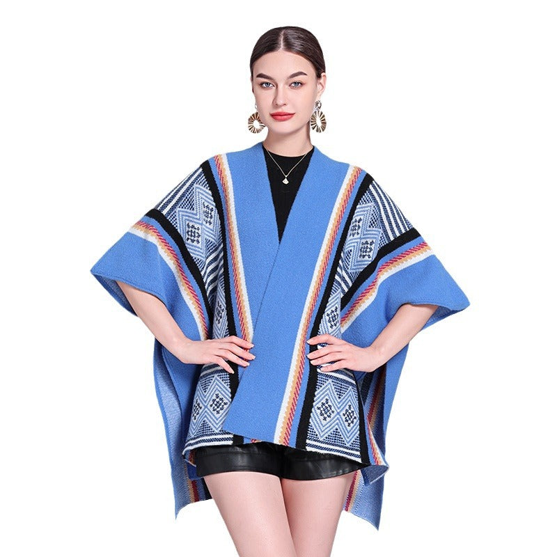Europe, America, autumn and winter new ethnic style travel fashion knitted jacquard split shawl cape cape coat women