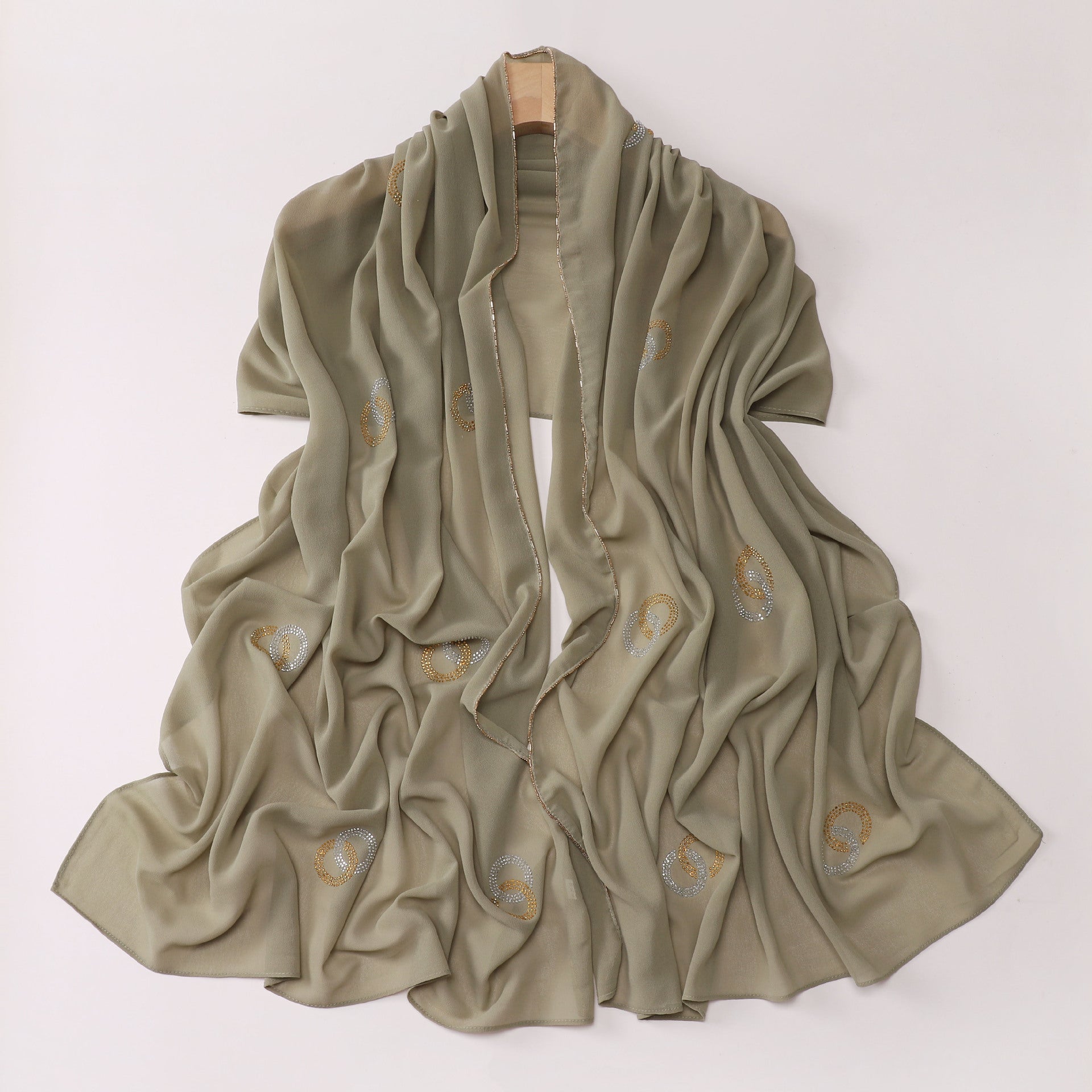 New Pearl Chiffon Long Edge Metal Chain Double Ring Hot Diamond Long Towel Yarn Middle East Head Towel