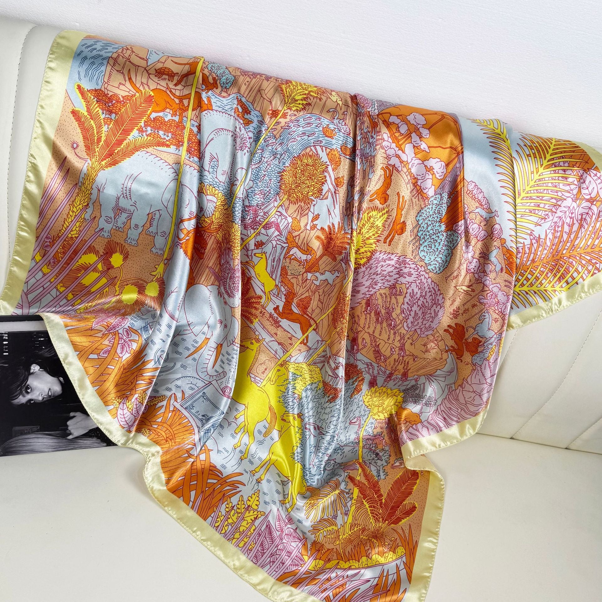European and American fashion geometric line printed silk scarf, imitation silk satin 90 square scarf, Indonesian ethnic women's bag head scarf