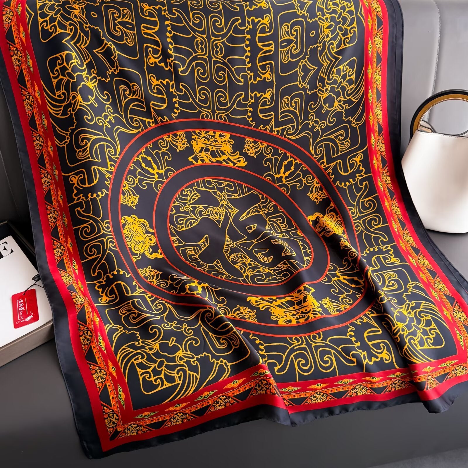 Retro ethnic style blessing character printing long silk scarf, simple and elegant temperament women's outer shawl, hand-in-hand gift silk scarf