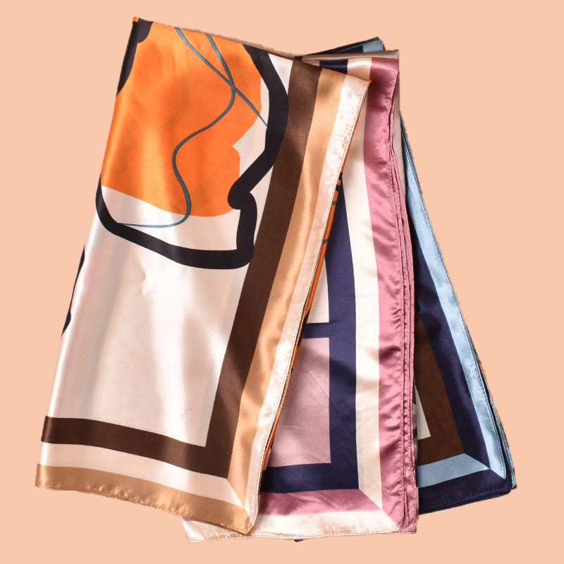 Spring and summer geometric sketch rose print versatile decorative scarf headscarf silk scarf 90cm high-quality satin square scarf