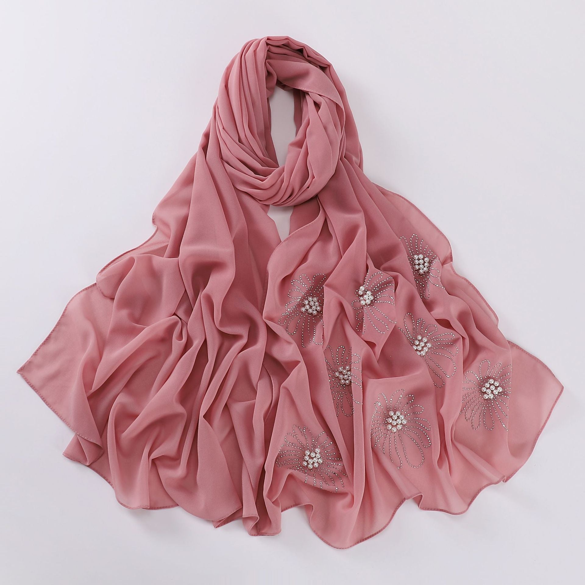 New pearl chiffon single-headed flower hot diamond bead scarf, gauze, Middle East and Africa, headscarf hijab.