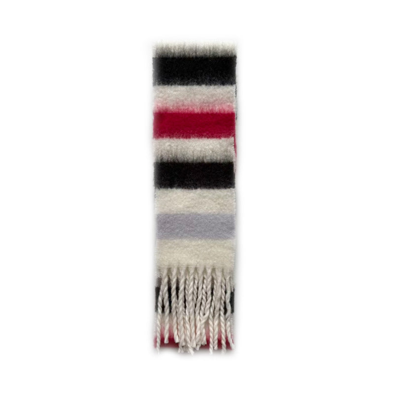 Designer 70% wool striped fringed scarf women's autumn and winter color matching fine and narrow decorative wool wool scarf