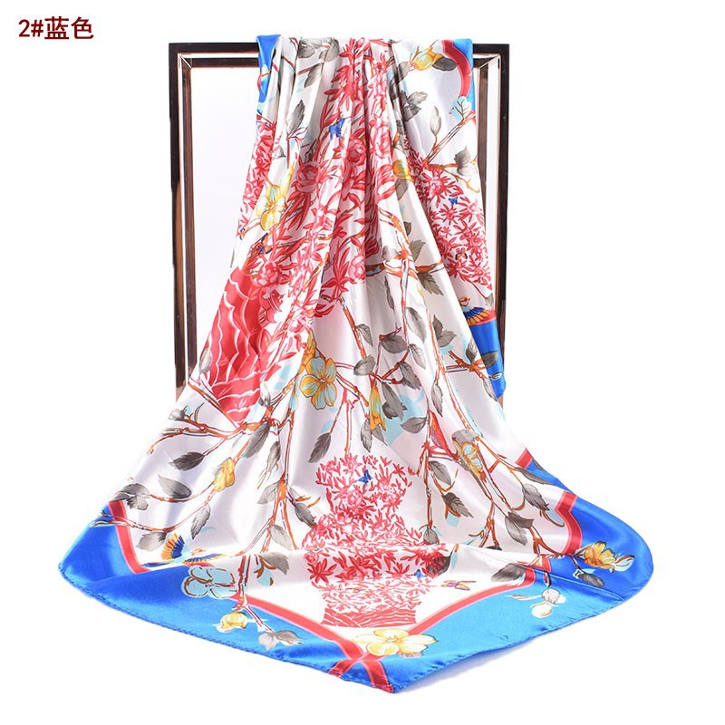 Autumn and winter new simple ethnic style blue and white porcelain vase pattern silk scarf printing 90 color diced high-end large square scarf