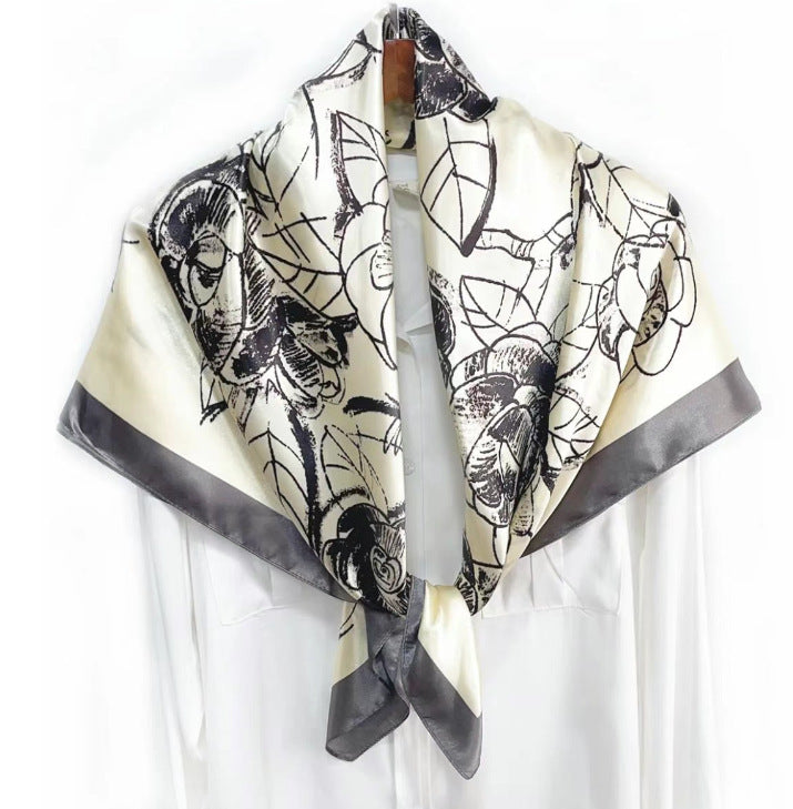 Simple and elegant plant flower flower, satin 90 square scarf, high-end women's headscarf with hand gift silk scarf