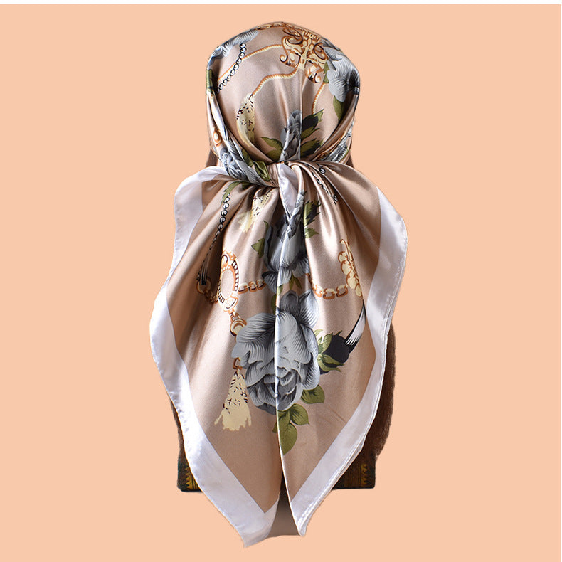 2025 new 90-color beautiful chain flower printing square scarf with sunscreen, bag head silk scarf decoration, scarf
